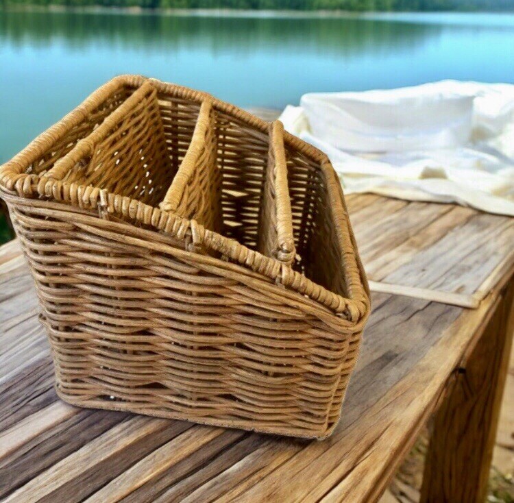 Wicker Office Organizer Mail Holder Basket Vintage Desktop