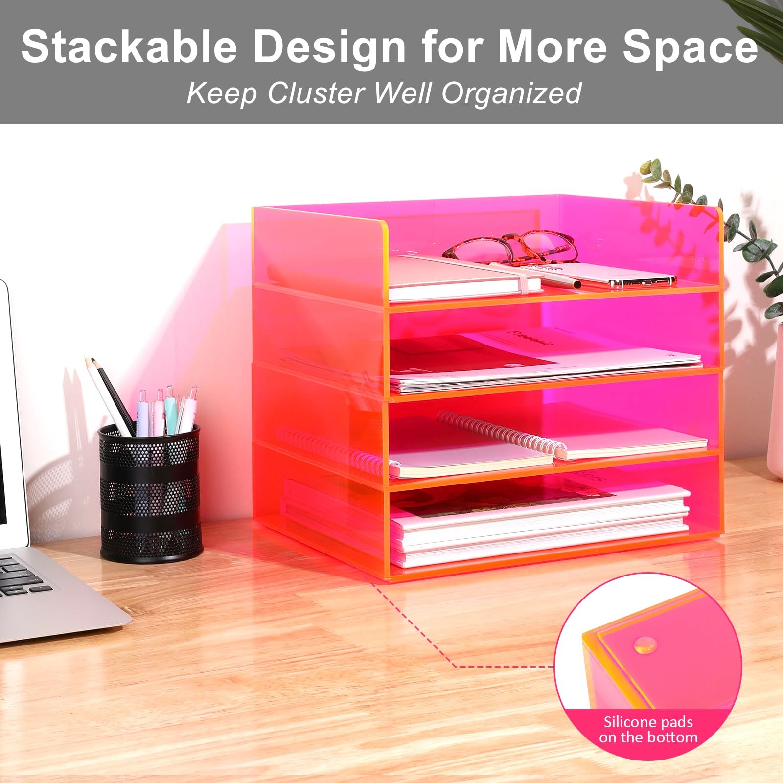 Acrylic File Organizer for Desk 4 Tiered Stackable Letter Tray Office Storage…