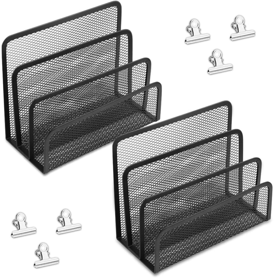 Desk Mail Organizer, 2 Pack Metal Mesh Small File Holders with 6 Metal Clips Let