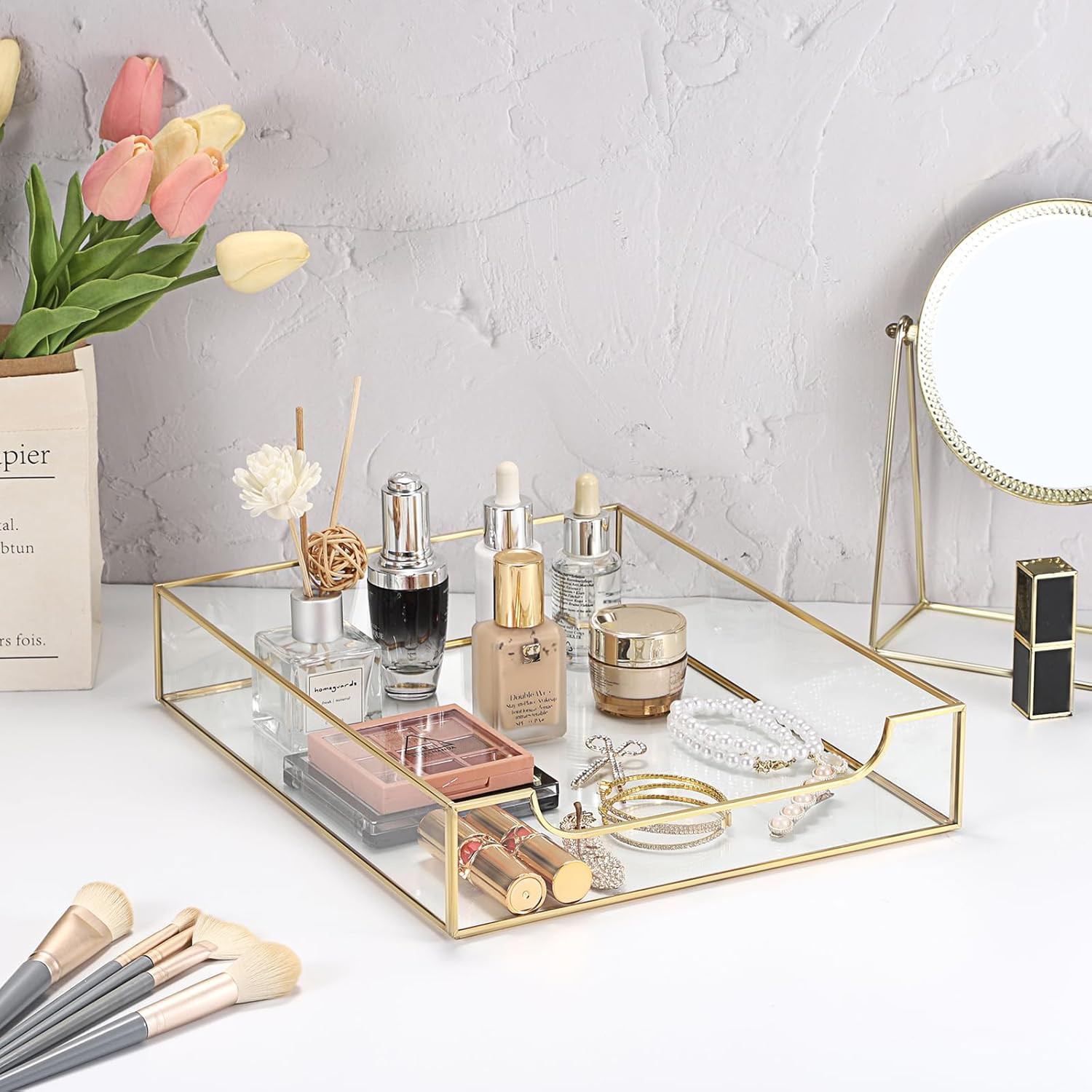 Golden Glass Desk Tray Set – Stylish Organizer for Home & Office Storage