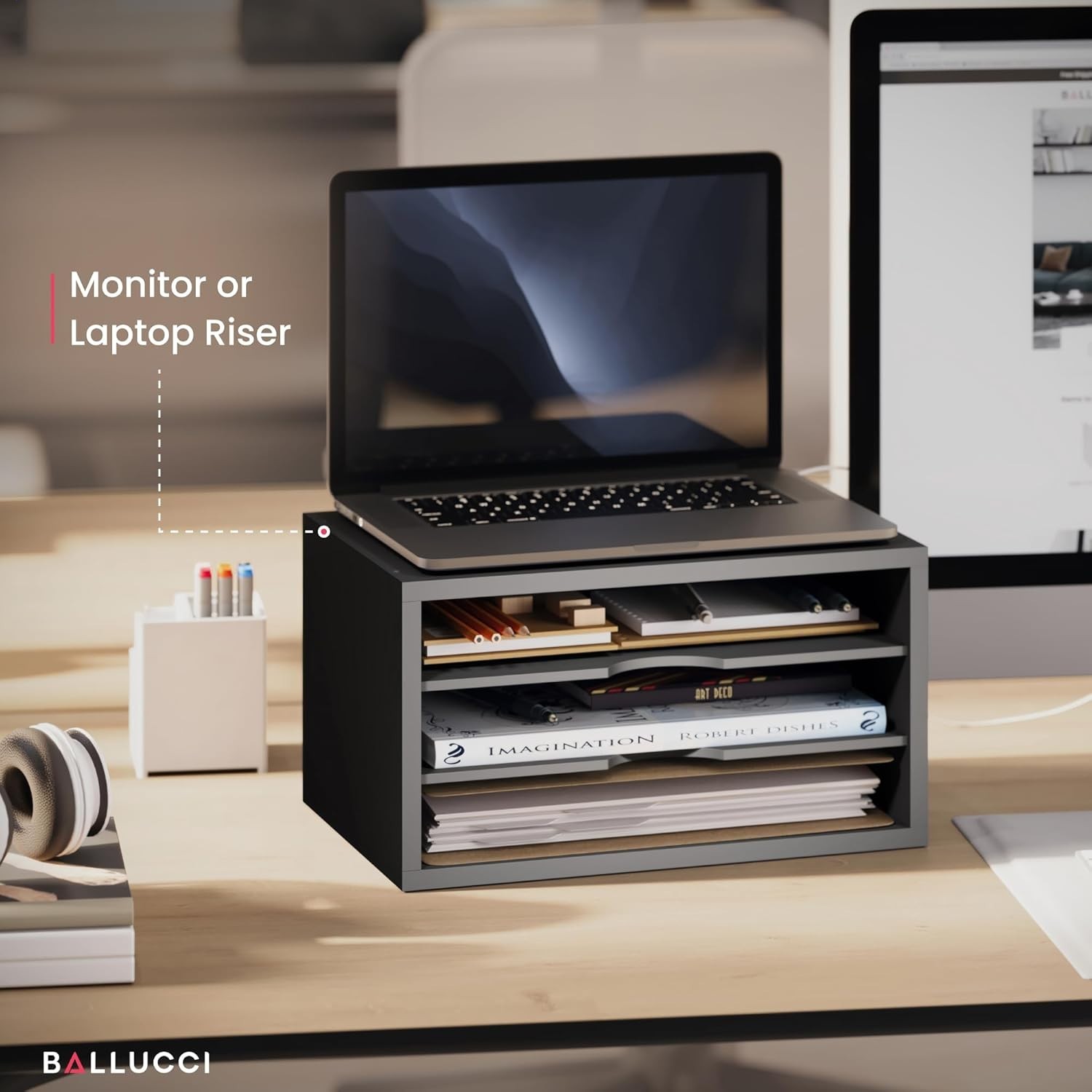 3-Tier Wood Desk File Organizer Paper Sorter Monitor Stand Black