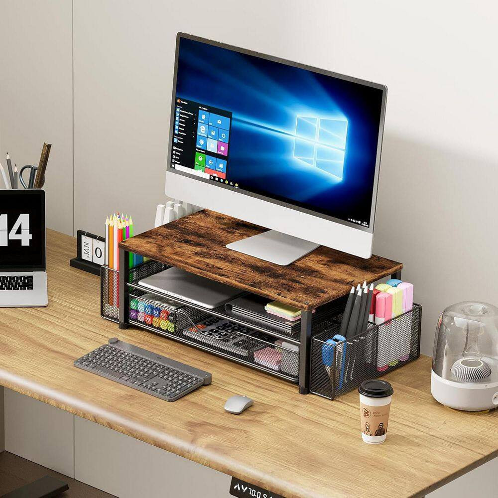 Brown 15.5 In. X 6.3 In. Metal Modern Desk Organizers with Drawer and 2 Pen Hold