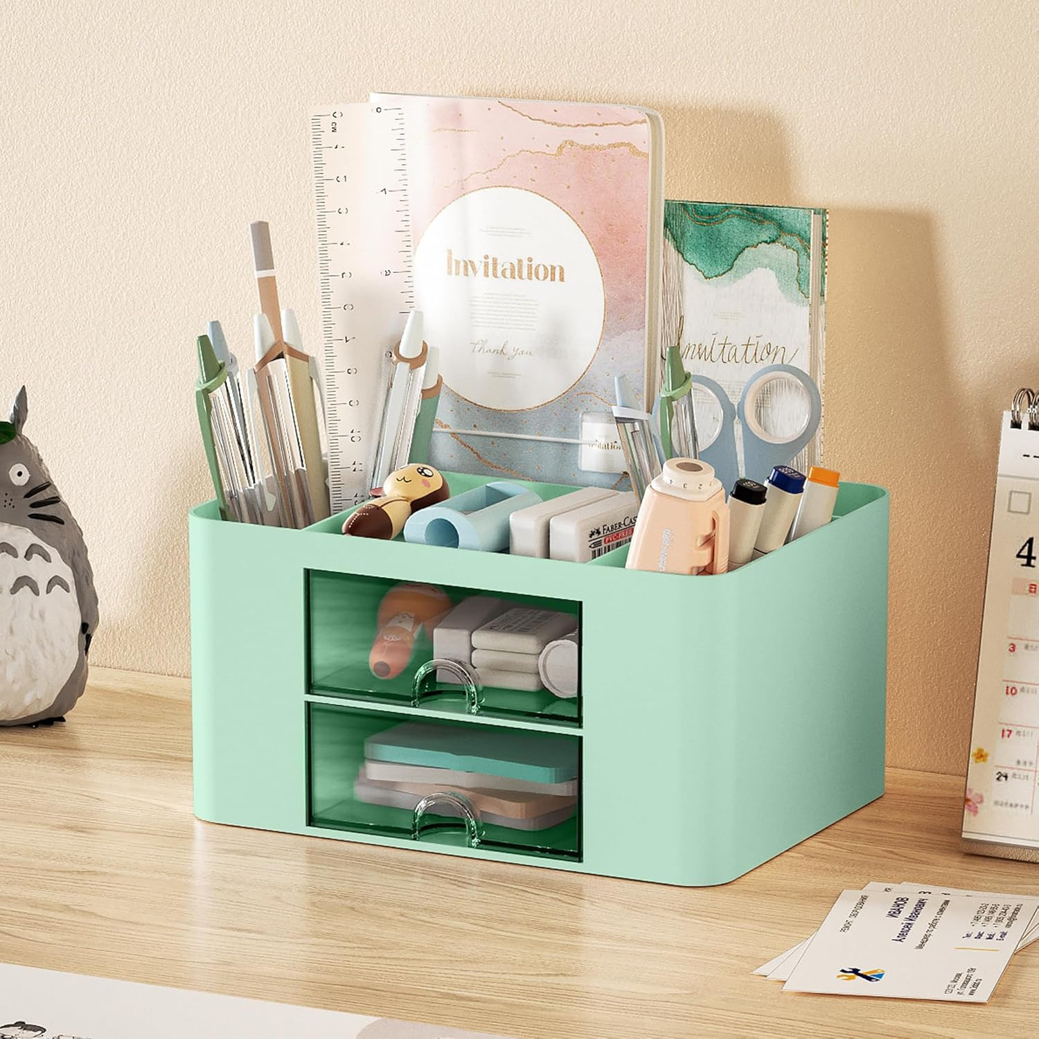 Pen Organizer with 2 Drawer, Multi-Functional Pencil Holder for Desk, Desk Organ