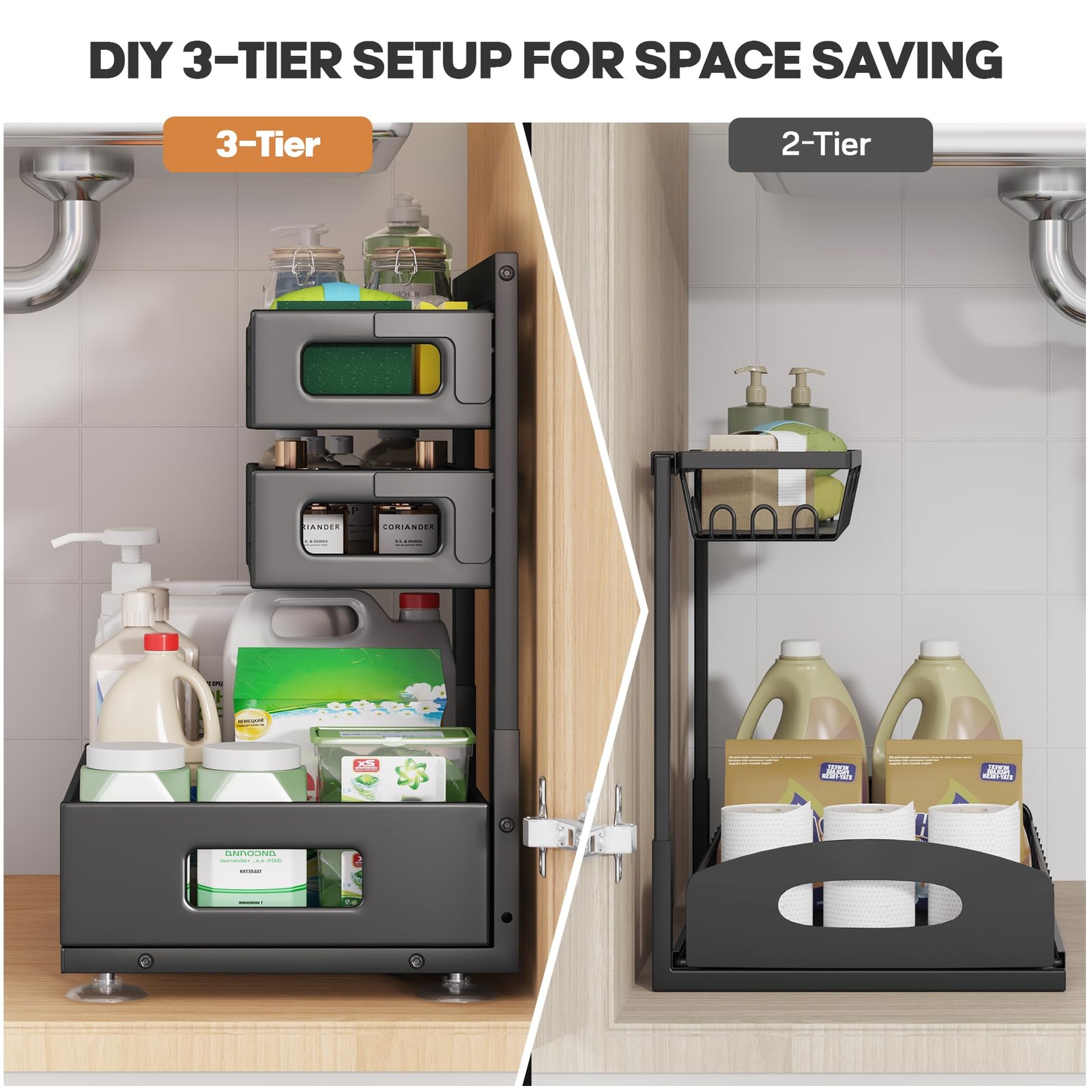 Biboraya 2 Pack Under Sink Organizer,Pull Out 2 Pack-15″Dx9.5″-16.7″H, Black
