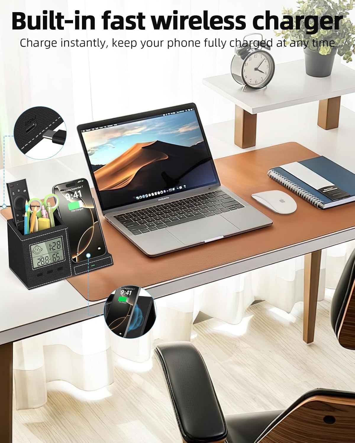 Multifunctional Pen Holder and Organizer for Desk with Wireless Charger, Digital