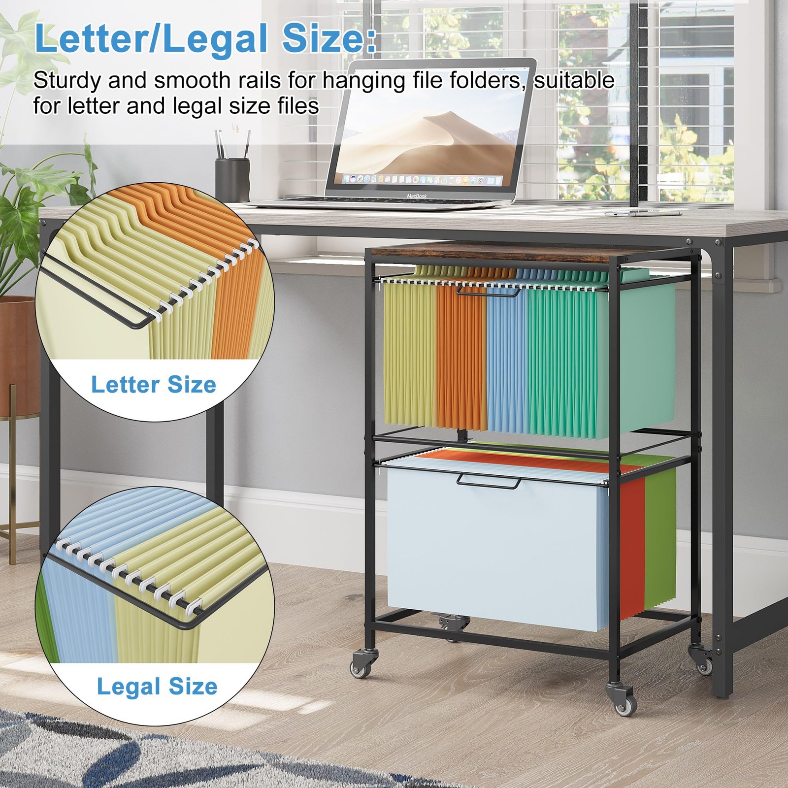 Rolling Hanging File Folder Cart, 2 Tier Metal Pull-Out File Rack for Letter …
