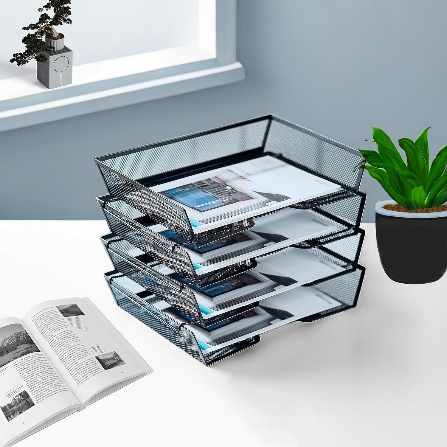 4 Tier Metal Letter Tray Desk Organizer-Stackable Paper Tray,Black | Desk Tray O