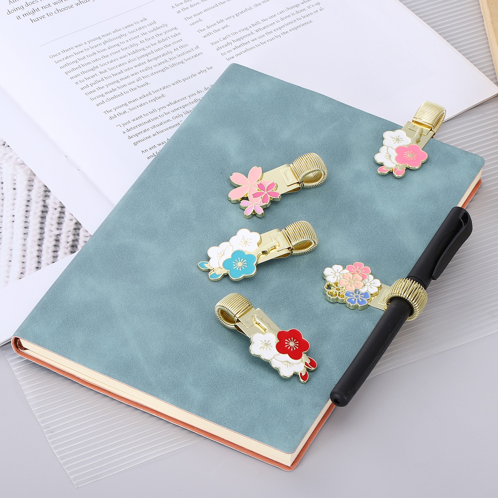 Metal Flower Pen Clip, 4 Pcs Decorative Holder Clips, Blue/Red/White