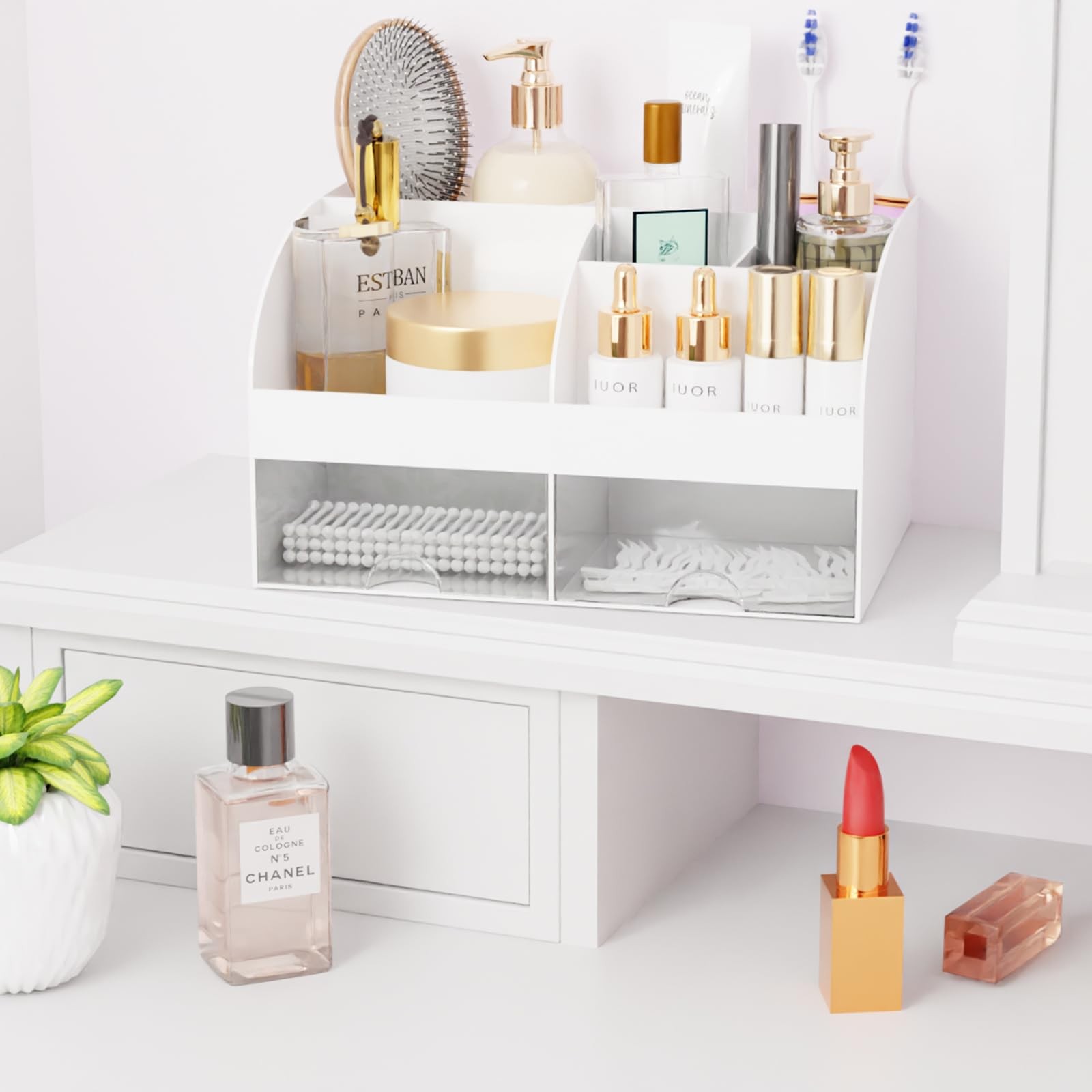 Makeup Organizer with Drawers, Cosmetic Storage for Dresser Vanity and White