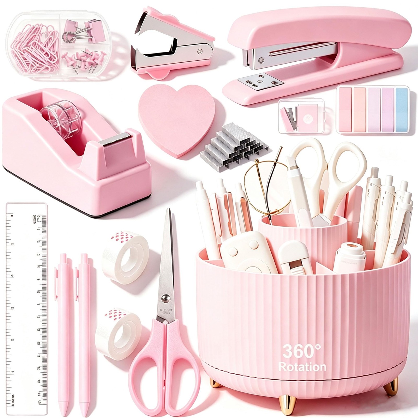 Office Supplies Set Rotating Pen Holder for Desk with Stapler Staple Tape Dis…