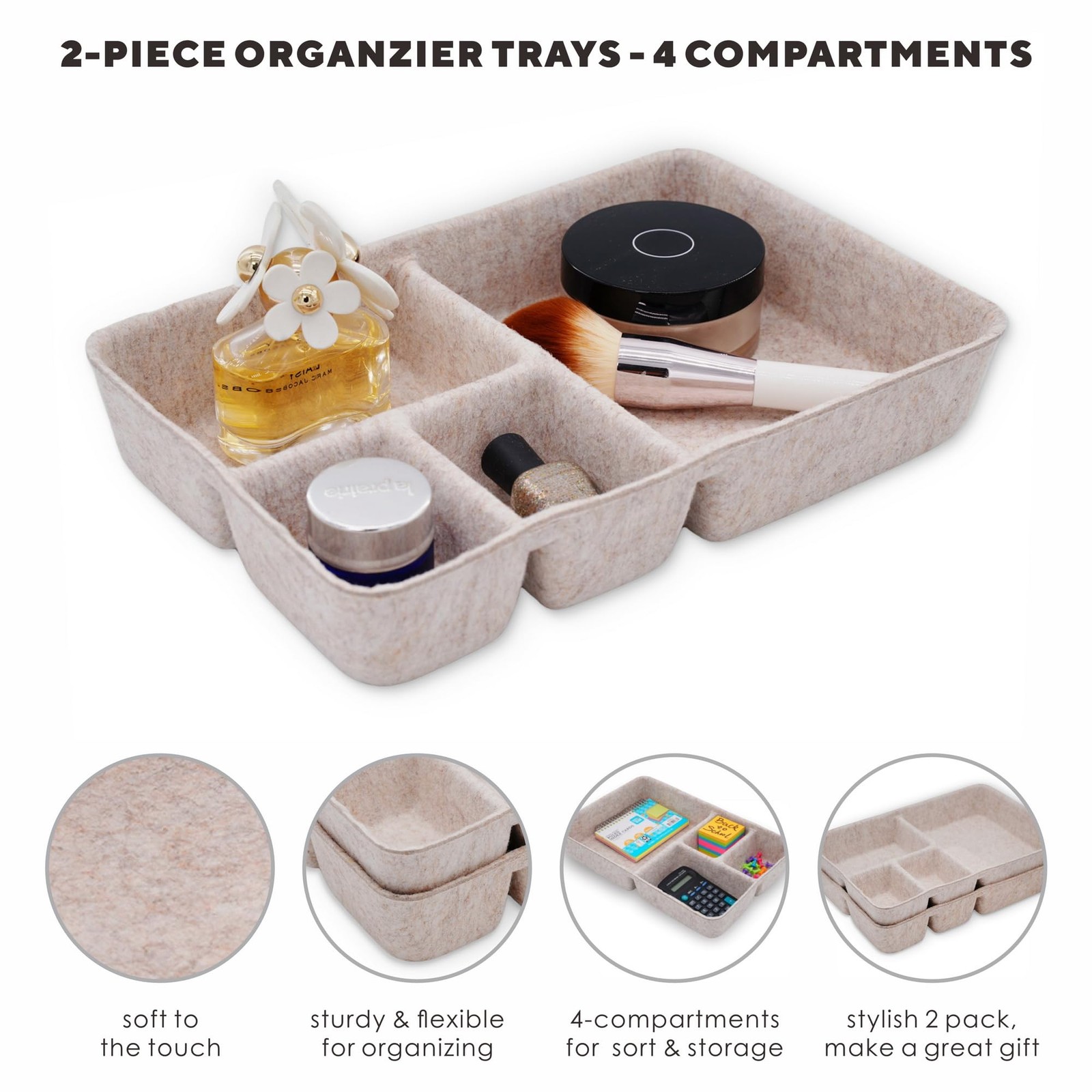 Oatmeal Felt Drawer Organizer Tray 4 Compartments Closet Kitchen Divider
