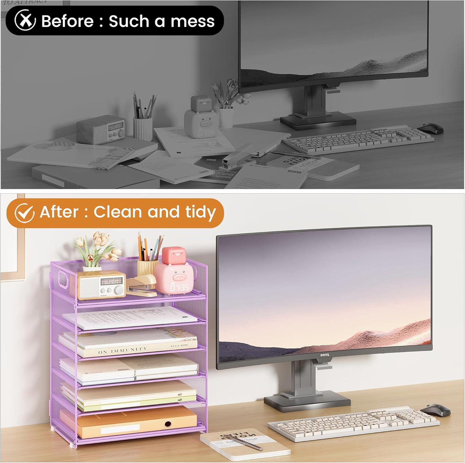 6 Tier Paper File Tray Organizer for Desk, Purple Mesh Desk Letter Paper File Fo