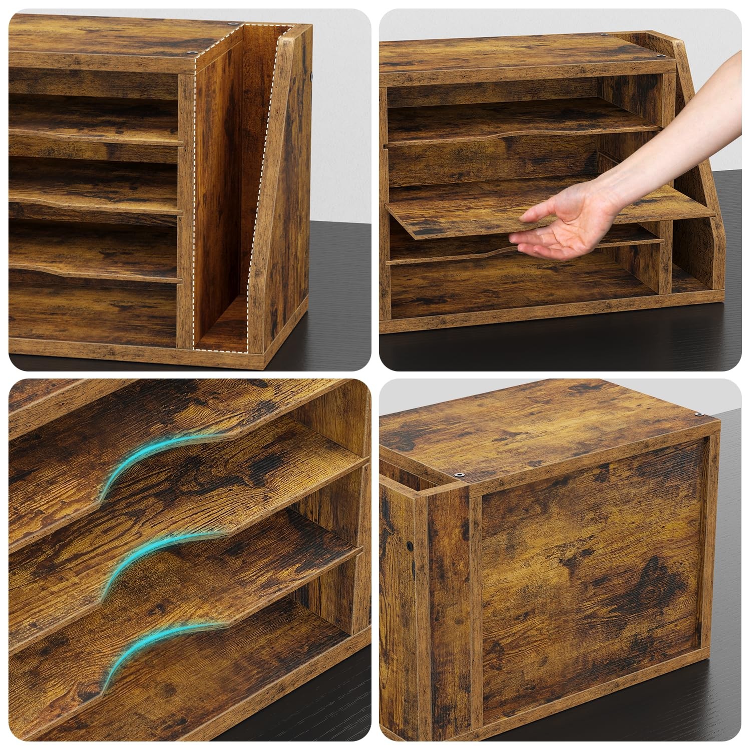 File Organizer Desktop, Wood Desk Organizer with 3 Adjustable Shelves, Mail P