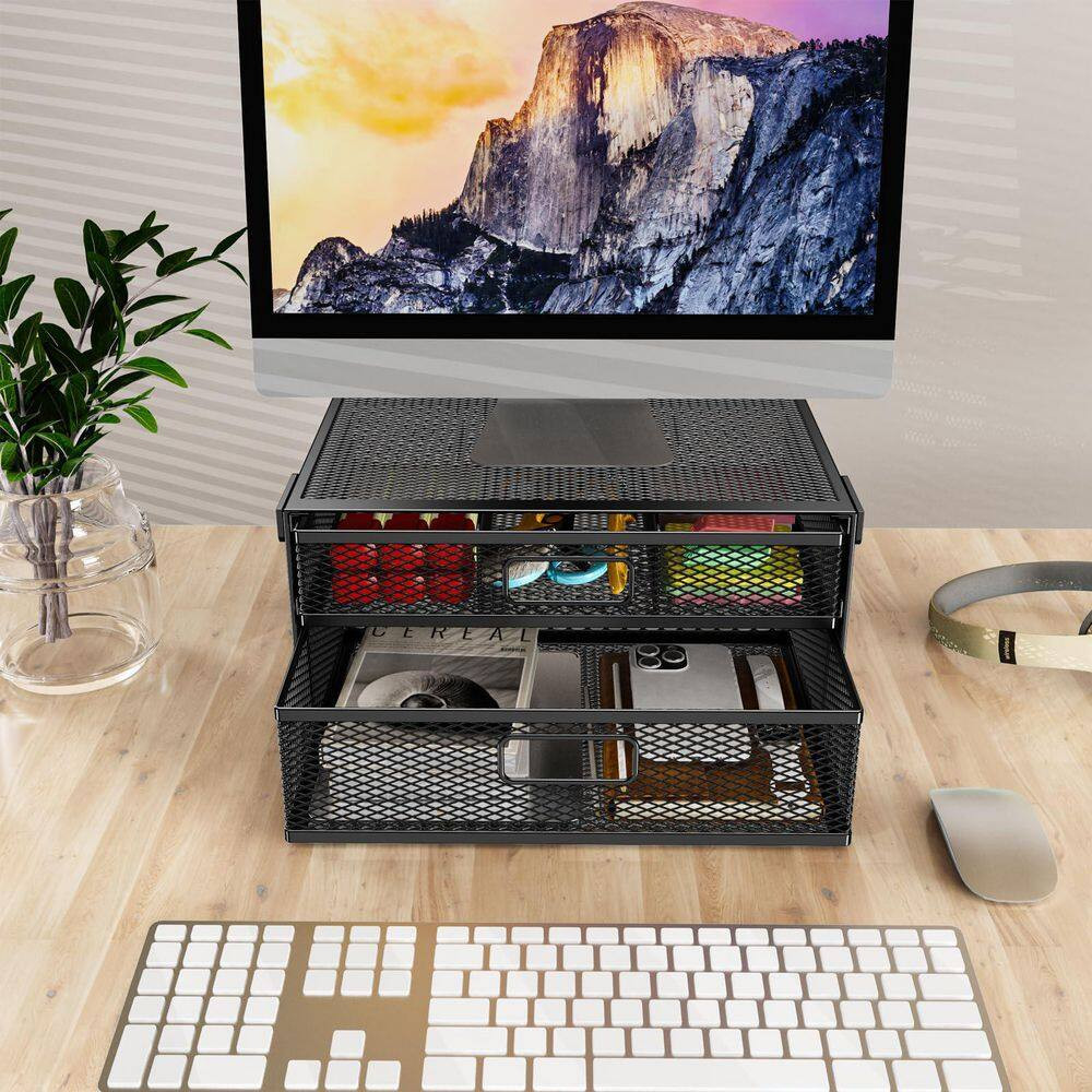 Black 15.7 In. X 6.3 In. Metal under Desk Storage Organizer with 2 Sliding Drawe