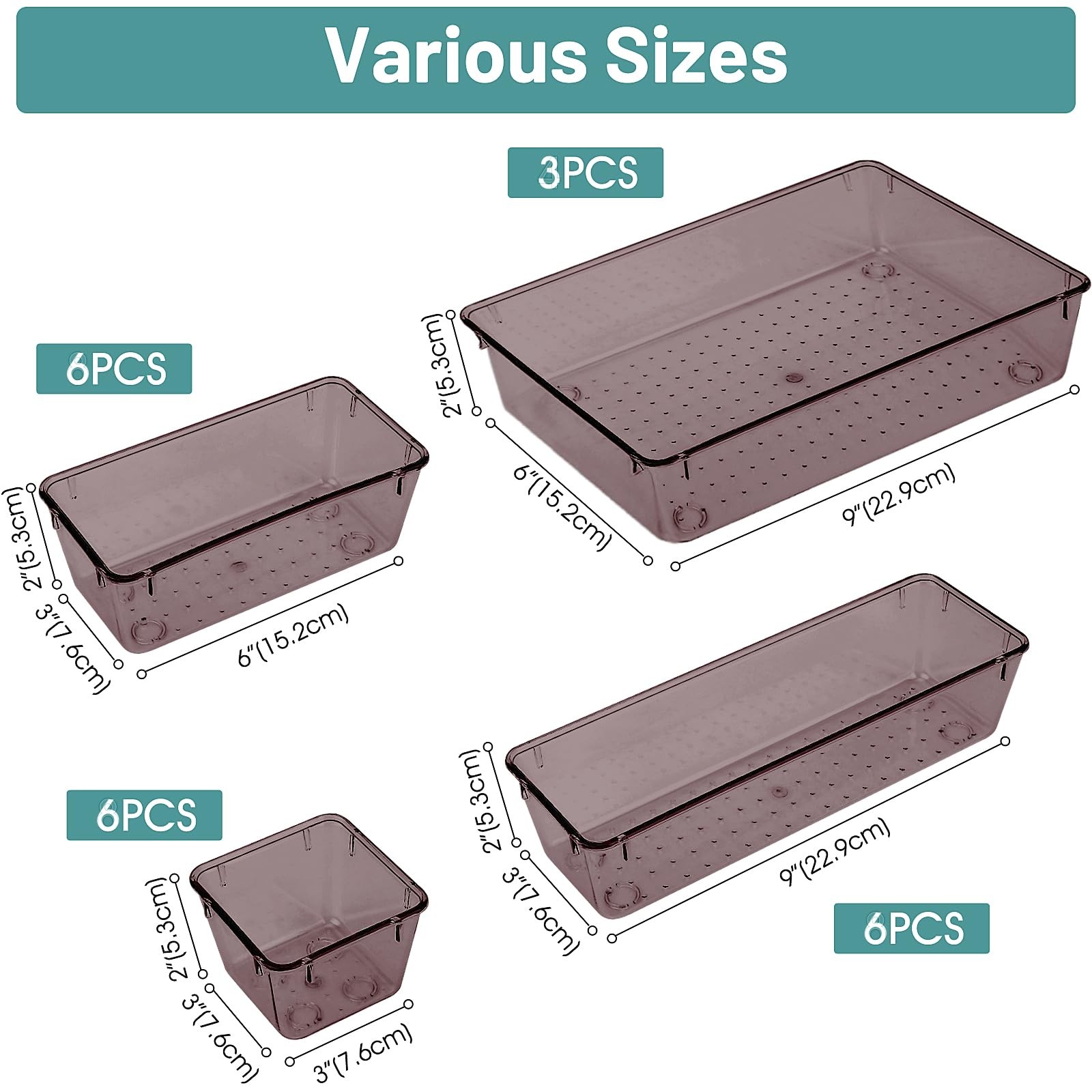 25~Piece Desk Drawer Organizer Set, 4 Sizes, Clear Brown Storage Bins