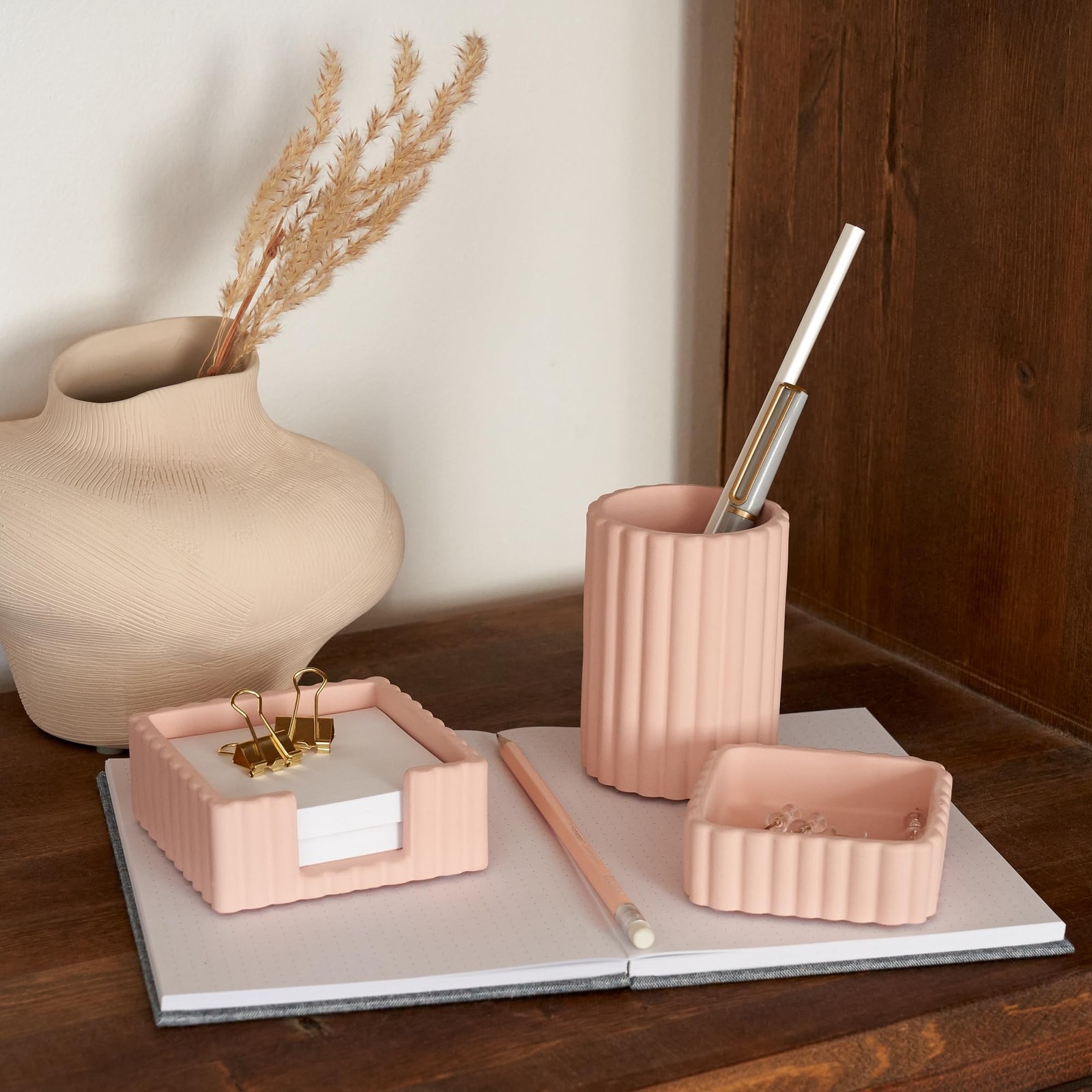 1 Set Modern Aesthetic Pink Concrete Desk Organizers Accessories 3 PCS