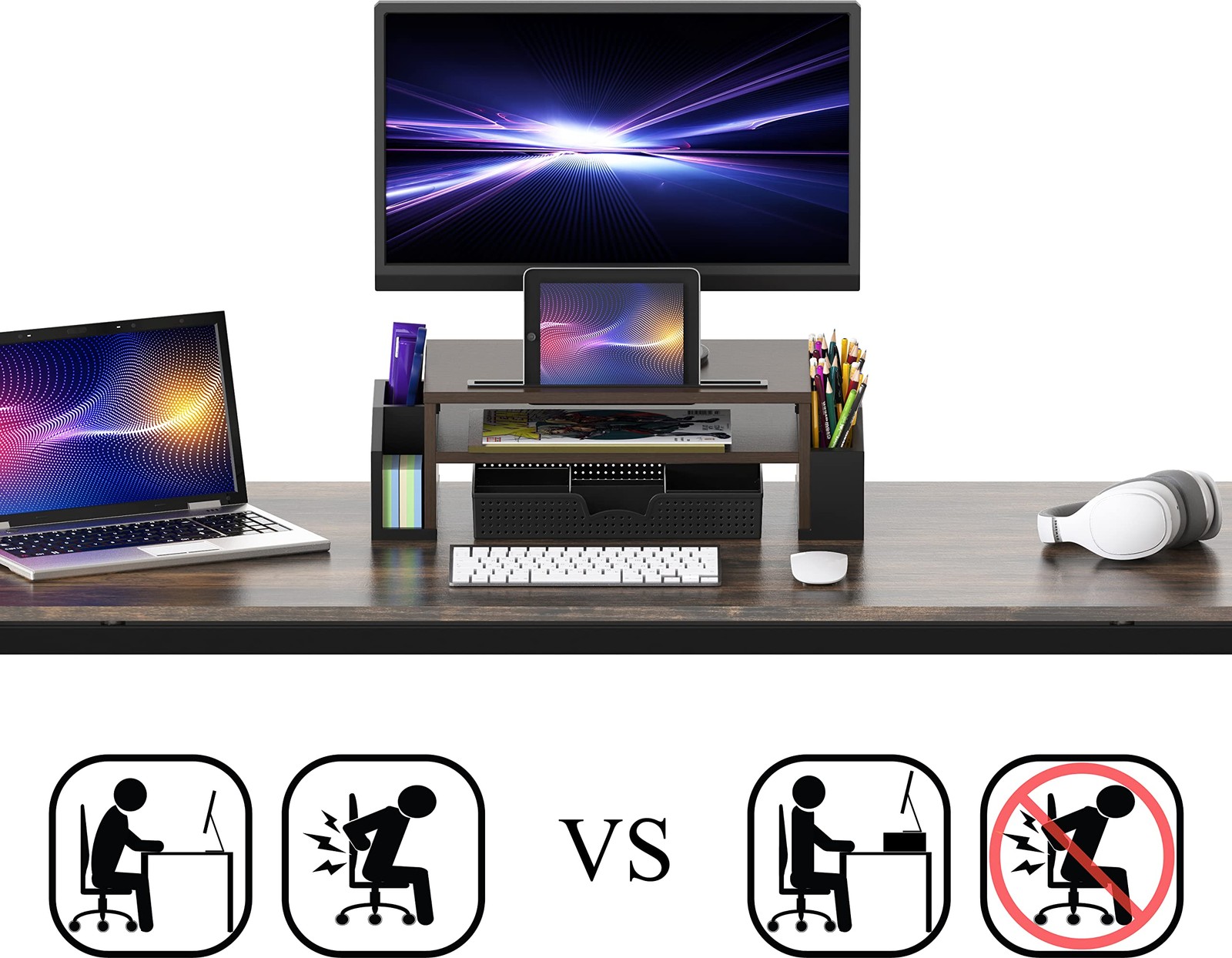 Simple Houseware Desk Monitor Stand Riser w/ Adjustable Organizer Tray Espresso