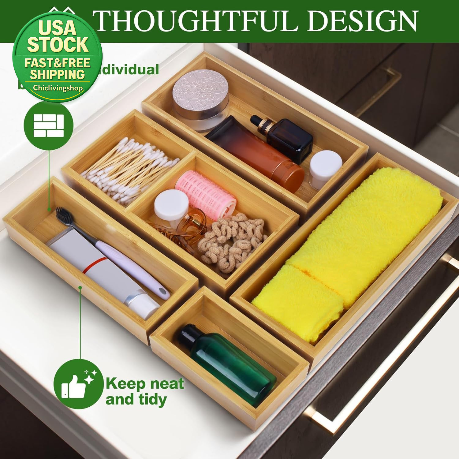 Bamboo Drawer Organizer Set 5 PCS Storage Dividers Trays for Kitchen Office