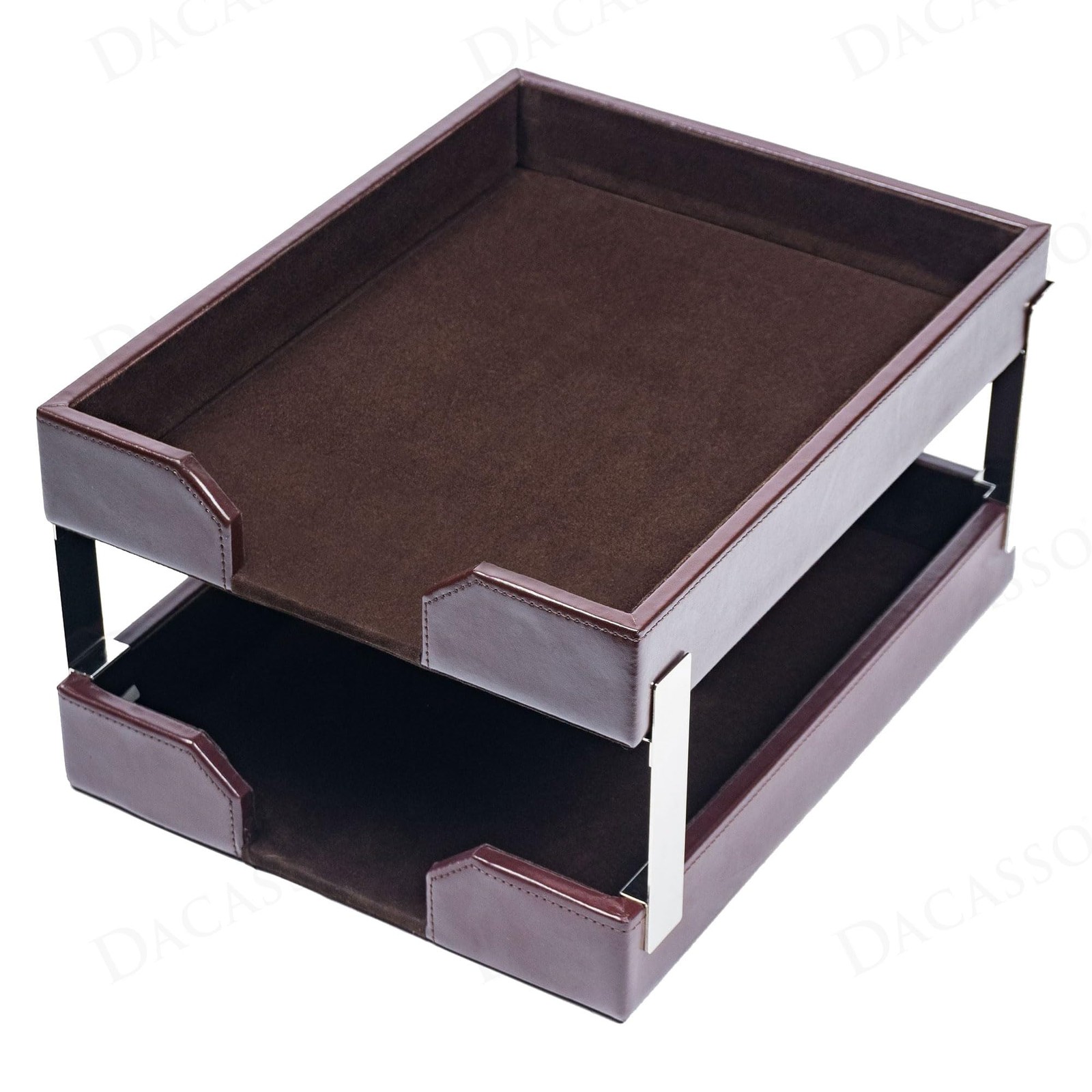 Dark Brown Bonded Leather Front-Load Double Letter Tray Set w/Silver Stacking…