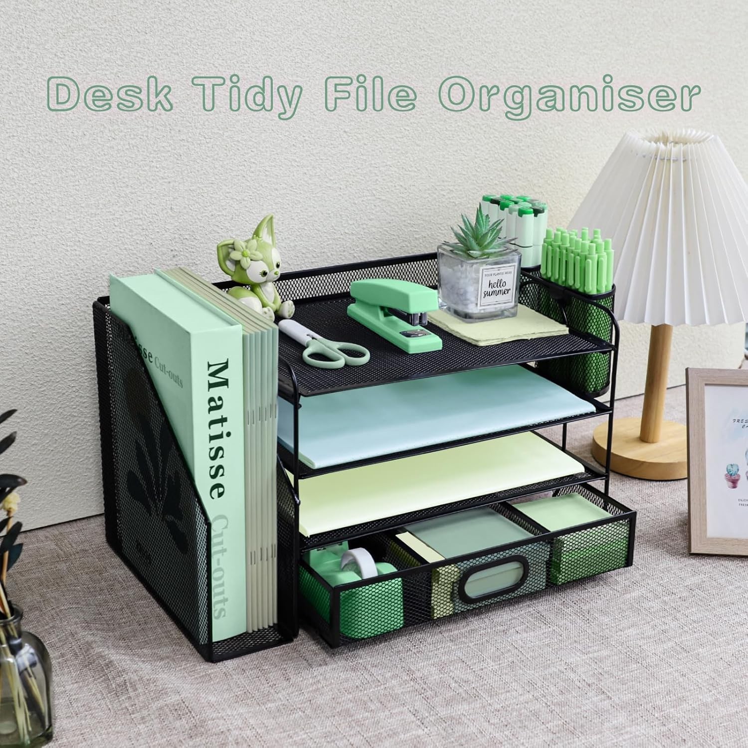 4 Tier Metal Desk File Organizer Vertical Sorter Paper Tray and Drawer Black