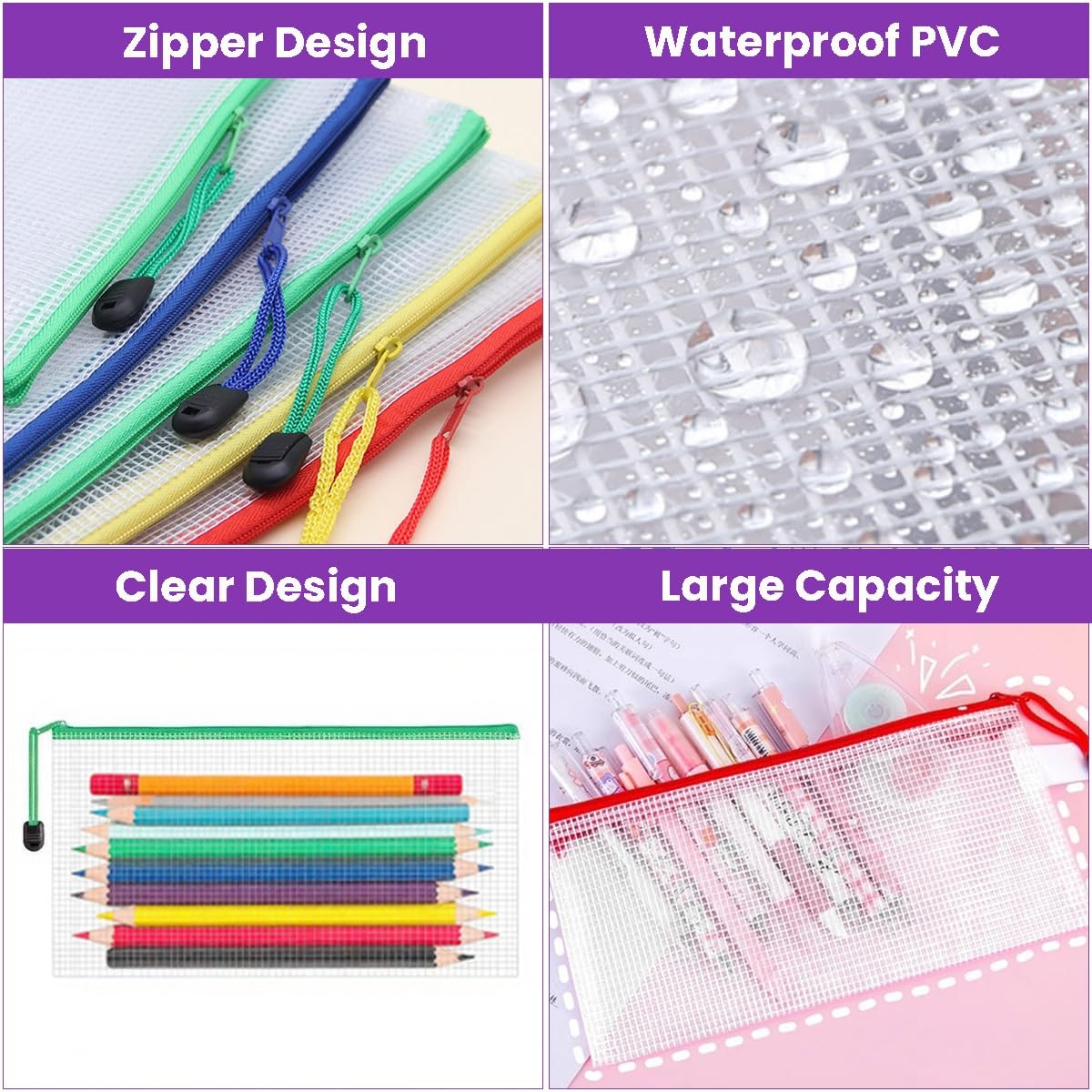 100 PCS Pencil Case Pouch Bulk 9.5”x4.5” Clear Mesh Zipper 10 Colors