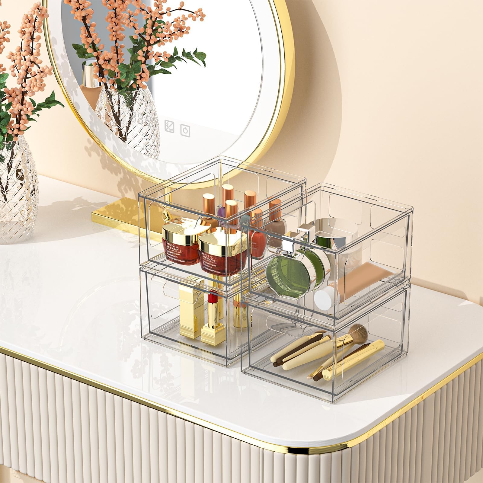 SpaceHacks 2 Pack Stackable Plastic Makeup Organizer Drawers, Acrylic Clear