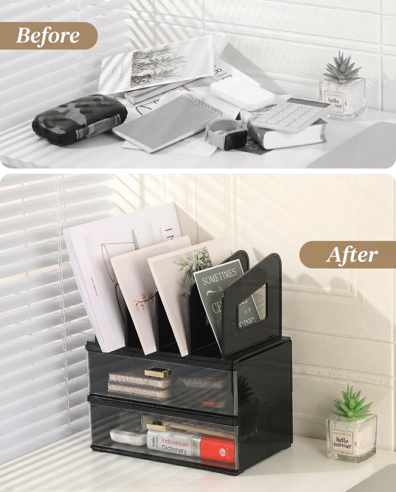 Multi-Functional Acrylic Desk Organizer with Drawer & Vertical File Holder, Blac