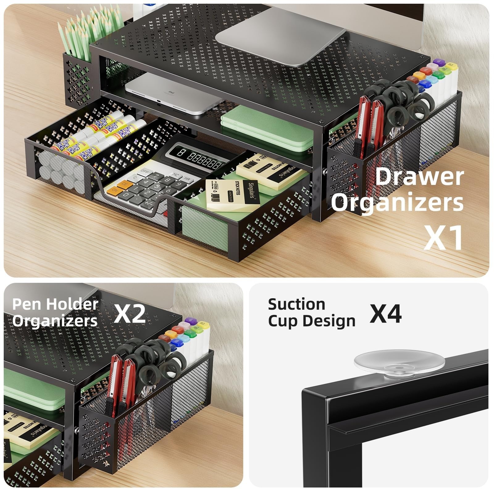 Simple Trending Desk Organizer with Drawer, 2 Tier Metal Monitor Stand