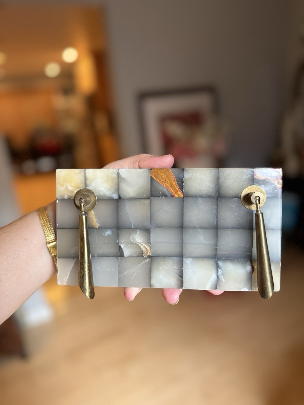 Green Marble Onyx Office Desk Double Brass Pen Holder Mid-Century Modern VTG