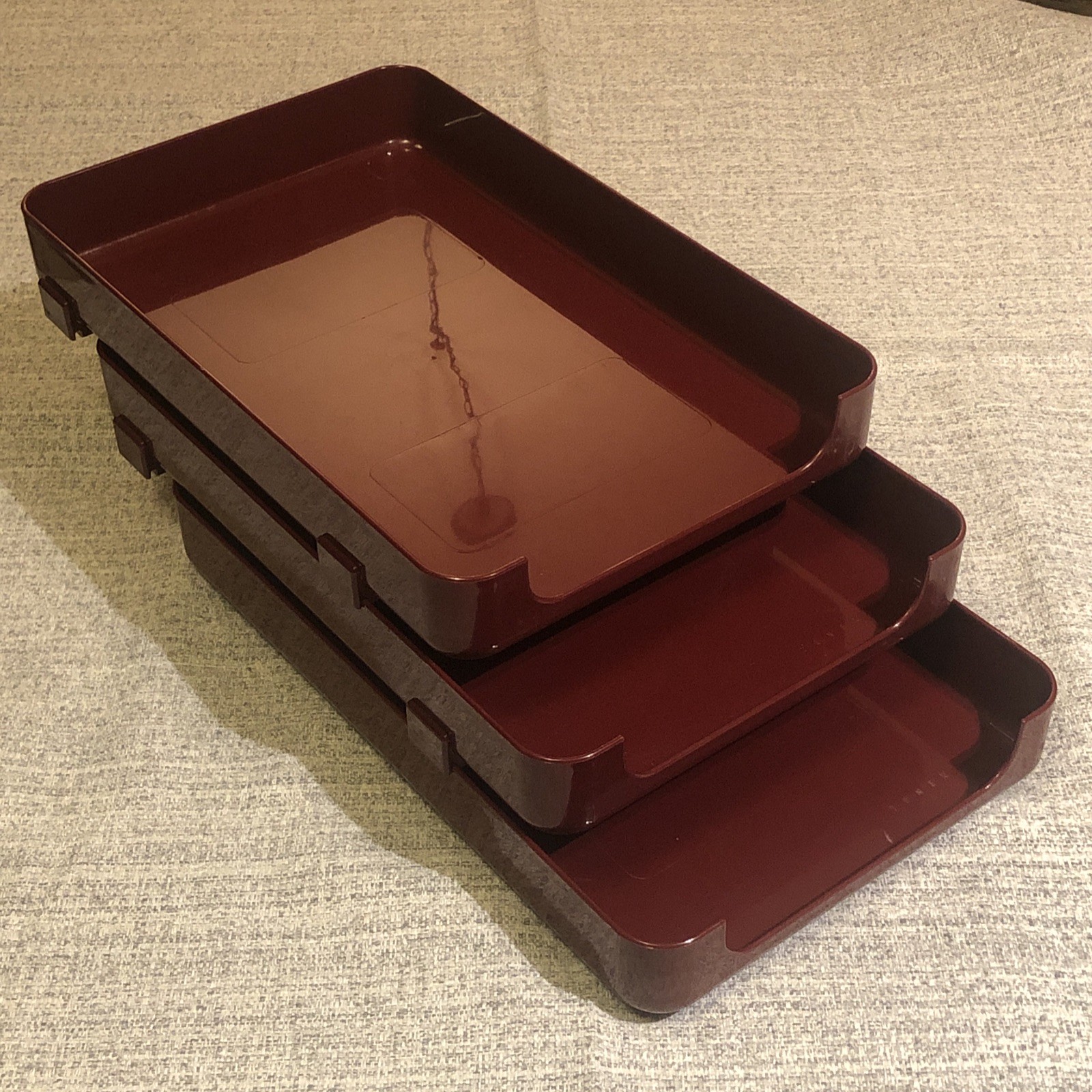 VTG 80s TENEX 200 Class Stacking Legal Size 3 Tier Office Desk Tray Set Burgundy