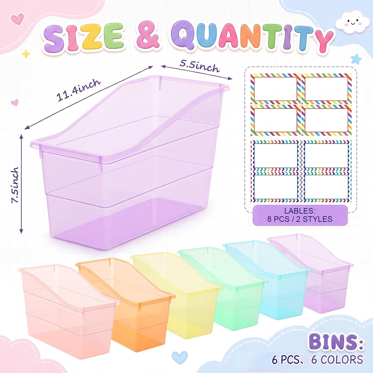 6 Set Book Bins for Classroom with Label Sticker Book Box Baskets Plastic Stacka