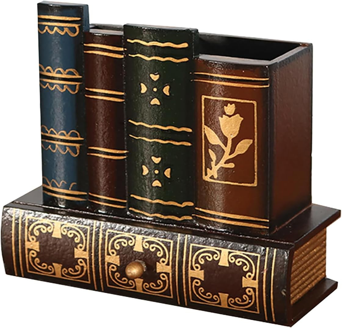 Kisangel Retro Wooden Pen Holder with Drawer Vintage Pencil Container Compact