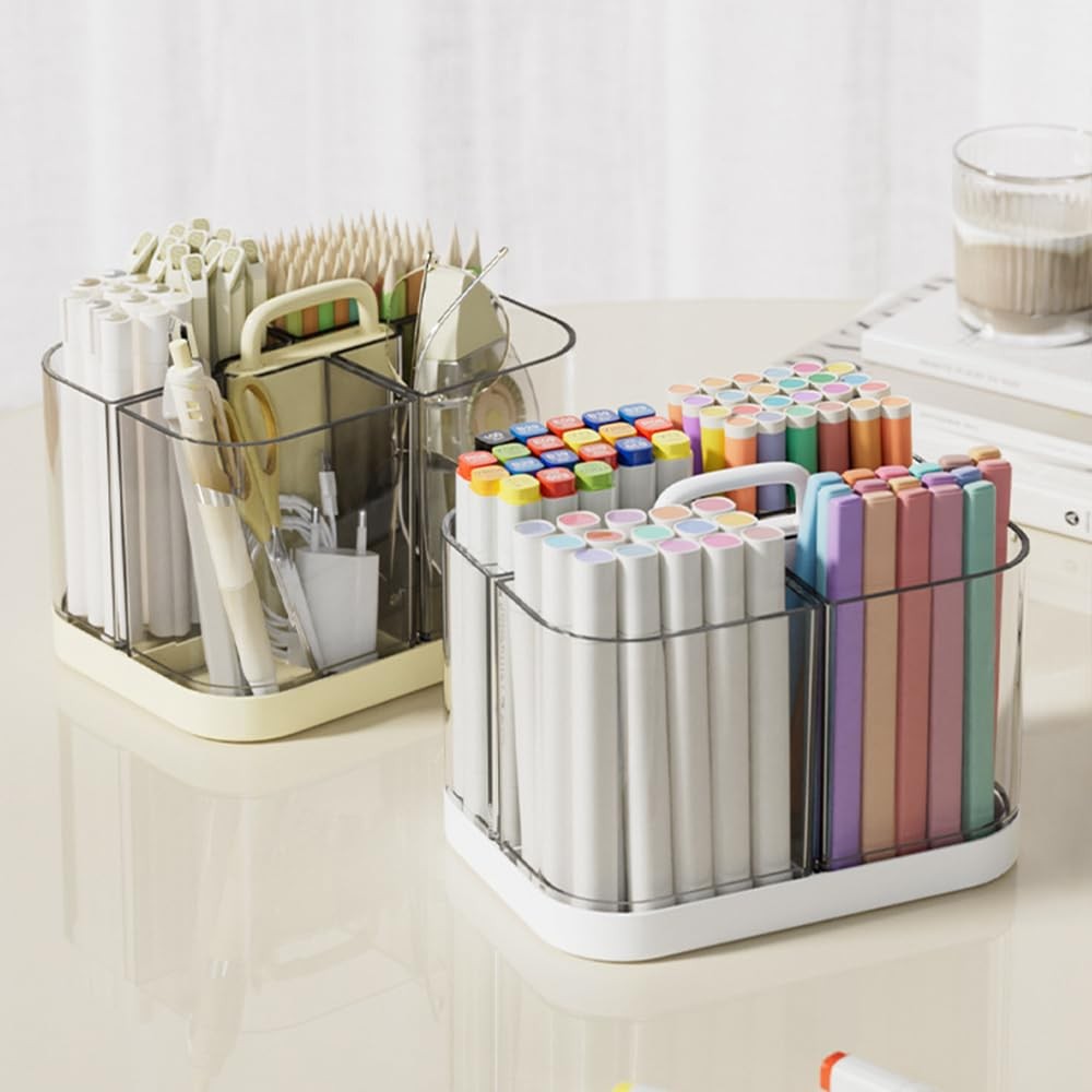 Hggzeg Pen Holder with Handle and Base, Stackable Transparent Desk White