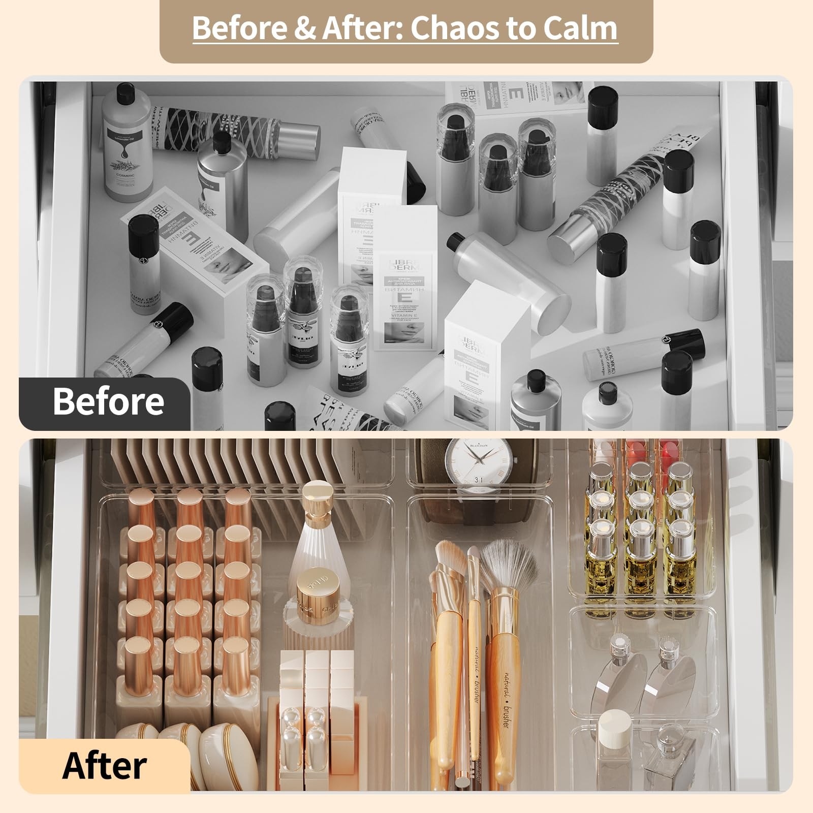 Yanosaku 25 PCS Clear Plastic Drawer Organizer Set, 4 Sizes Vanity