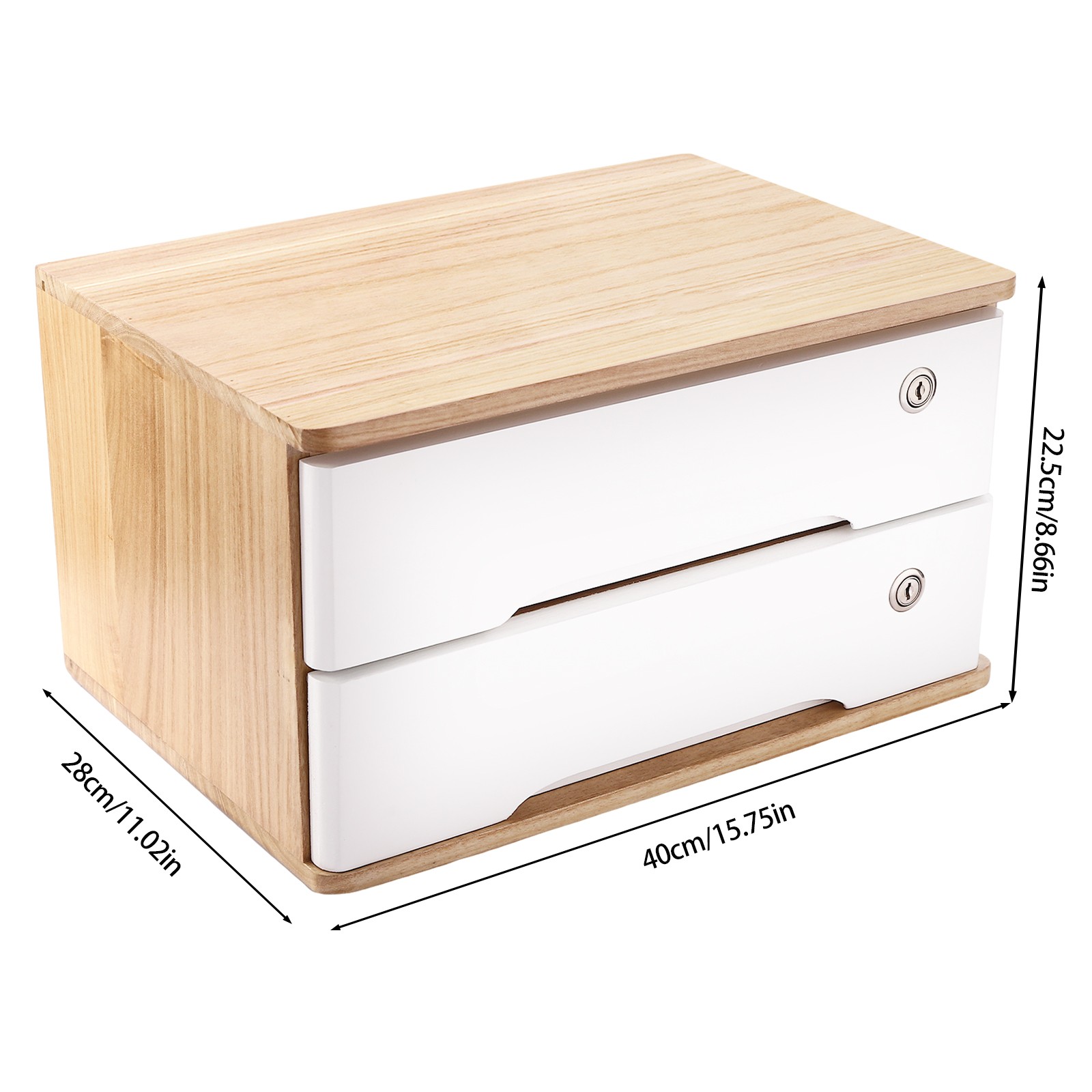 2 Tier Desktop Organizer with 2 Lockable Drawers Wooden Desk Storage Box