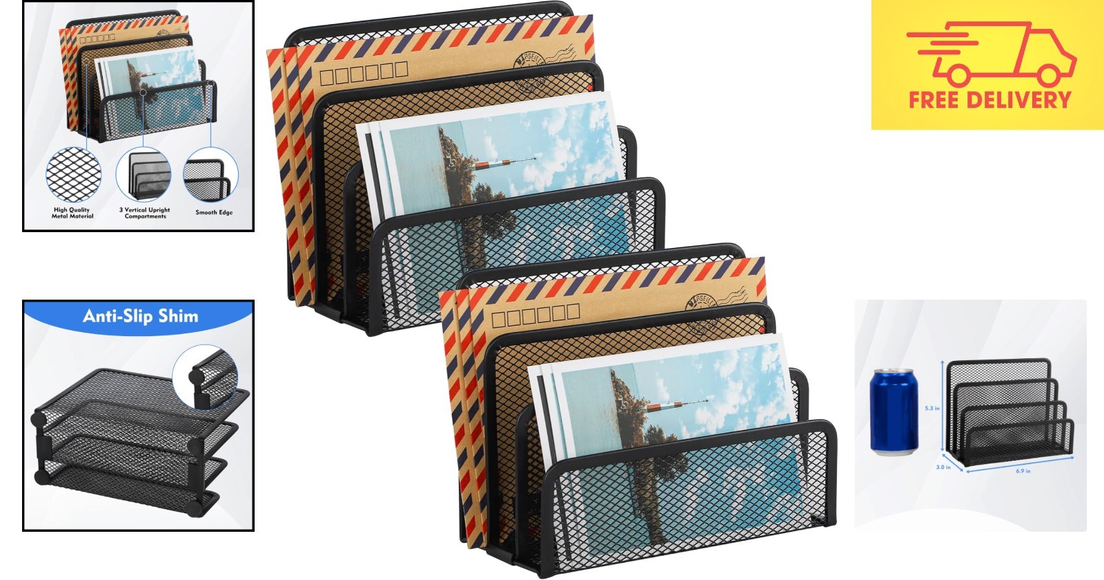 3-Compartment Desktop Organizer – Durable Rust Resistant Metal Mesh Black 2-Pack