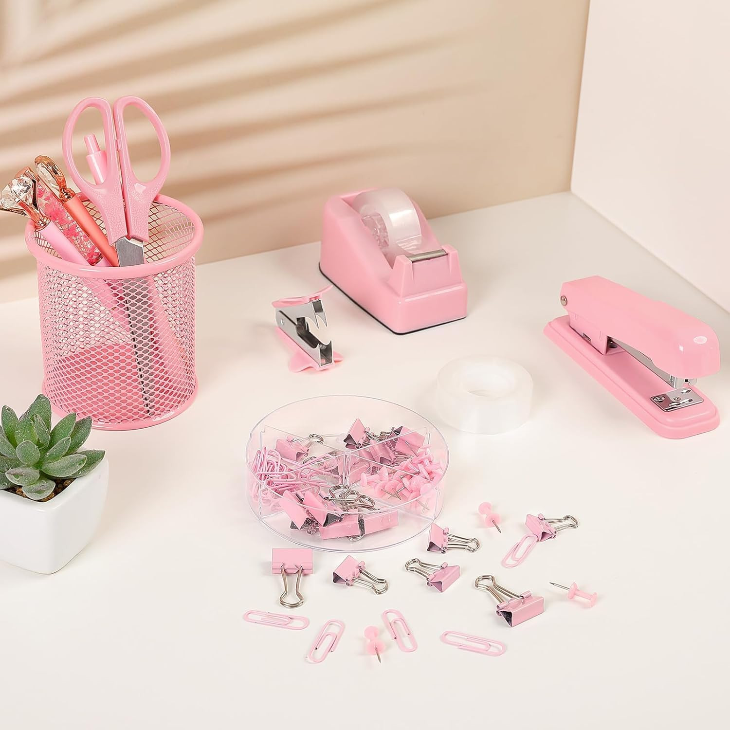 Pink Office Desk Accessories, Pink Office Supplies, Stapler, Tape Dispenser, Sci