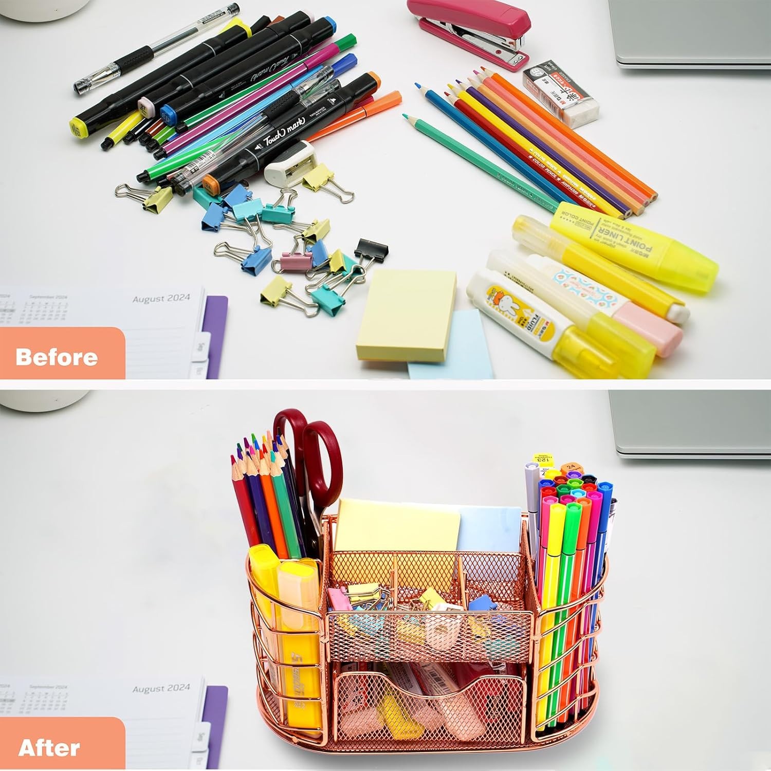 Desk Organizer, Pen Holder for Desk, Metal Pencil Caddy Storage for Desktop（pink