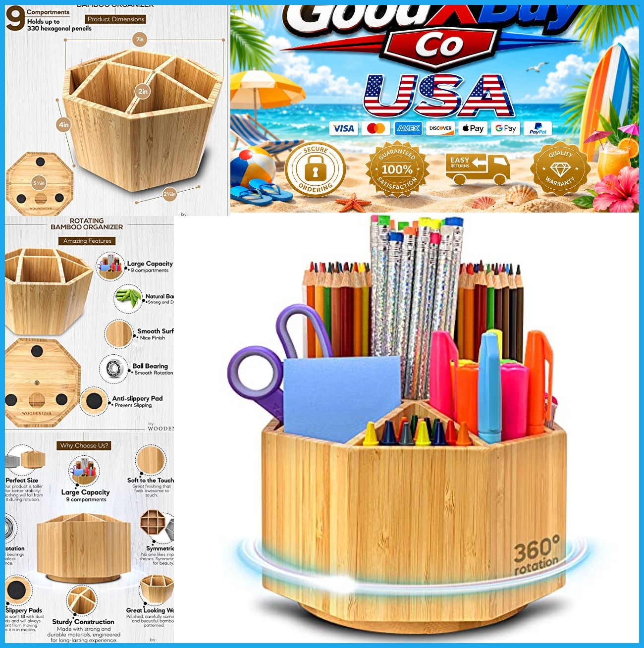 Bamboo Rotating Desk Organizer 9 Compartments Pencil Pen Holder Art Supply