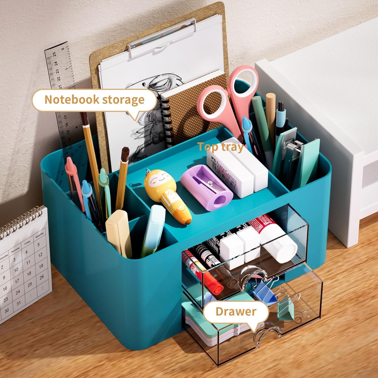 Pen Organizer with 2 Drawer, Multi-Functional Pencil Holder for Desk, Desk Organ