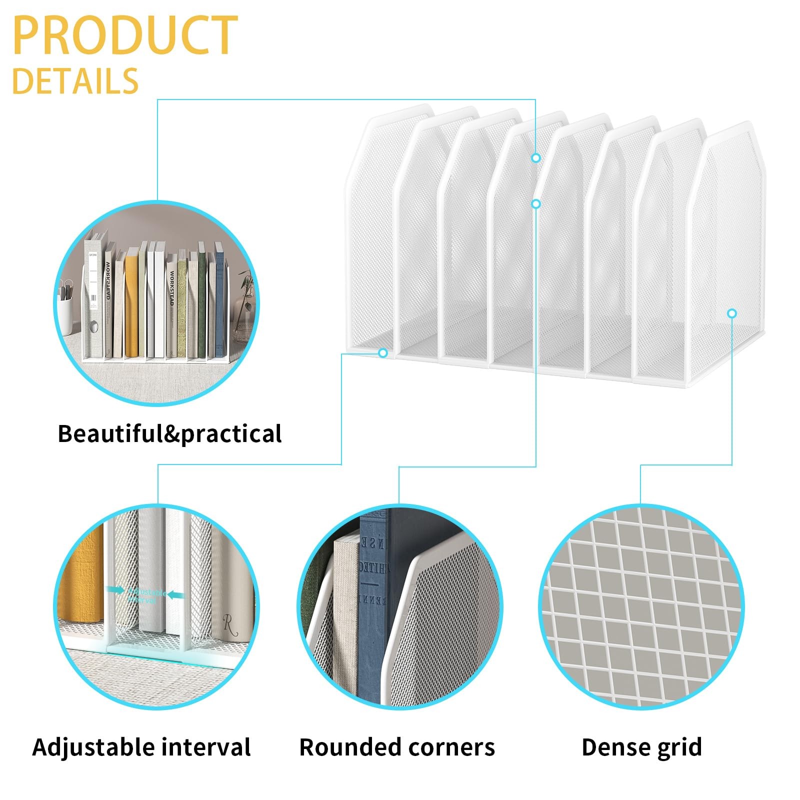 White 5Section Metal Vertical Desk File Folder Organizer Stand 8.5×9.3 Inch