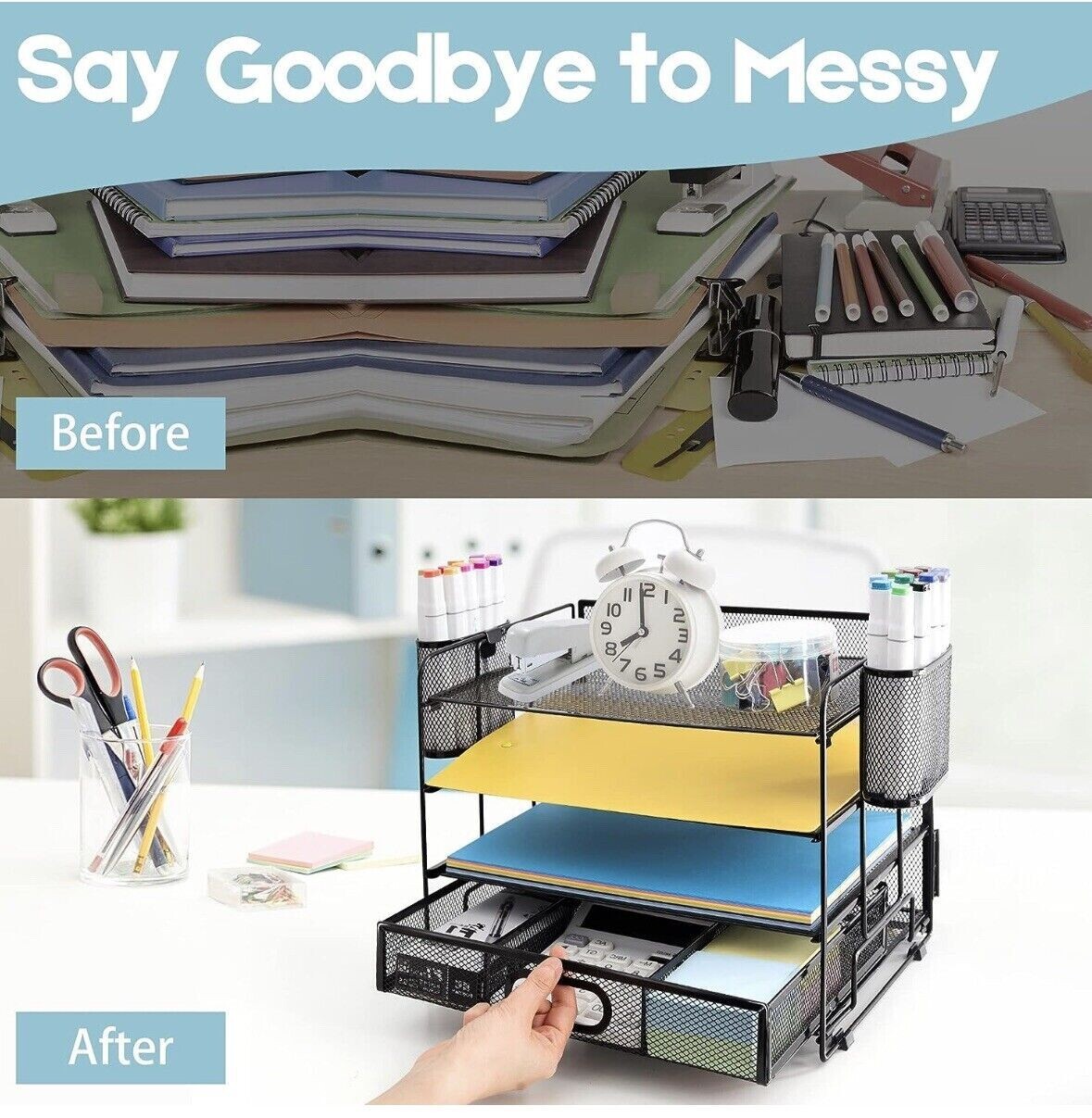 4 Tier Desktop Organizer w Two Pen Holders and Drawer, Office Organization