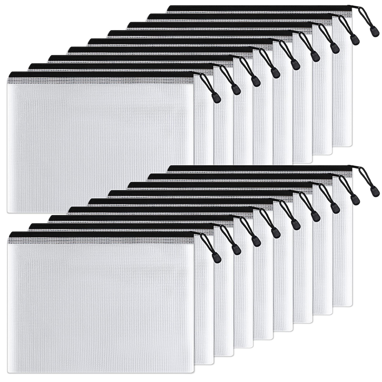 SUNEE 18-Pack Large 10×14″ Black Plastic Mesh Zipper Pouches Water-Resistant
