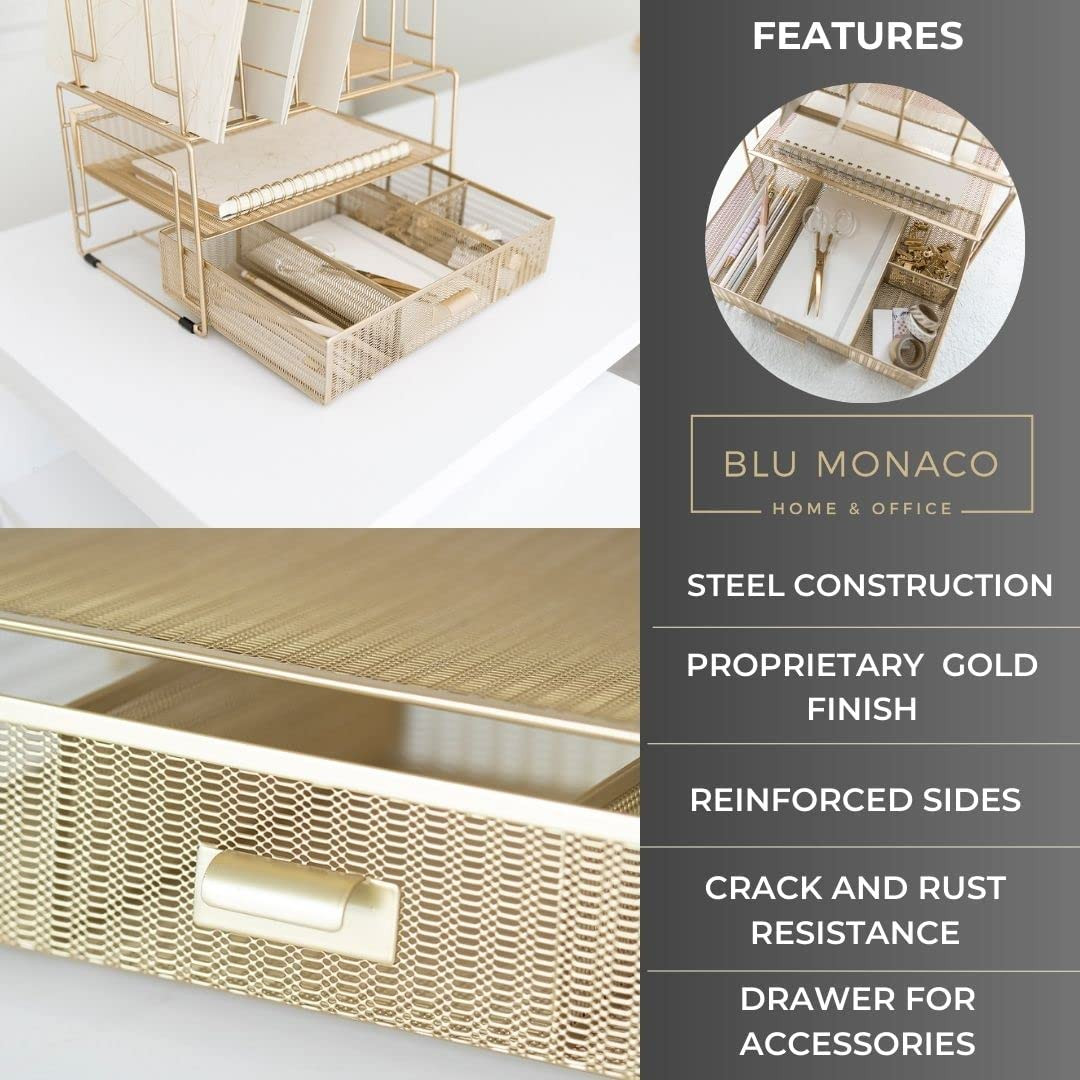 | Gold Desk Organizer with Drawer | Metal Mesh File Holder & Vertical File Organ