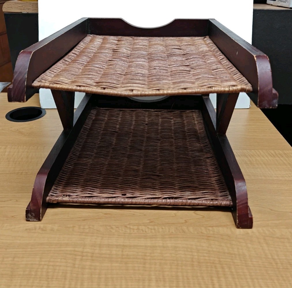 Vintage Wood Letter Tray Desk Organizer Woven Rattan 2 Tier Office Holder