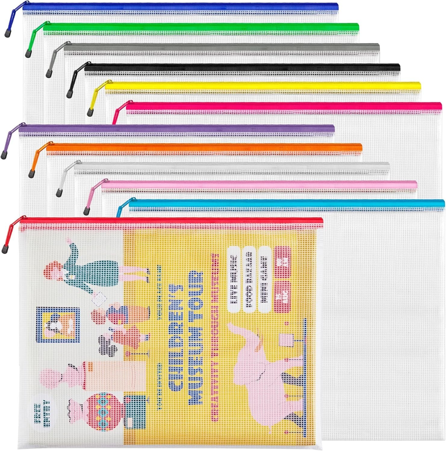 A3 (16.5×12.6 in, 12 Pcs) Mesh Zipper Pouch, 12 Colors Extra Large Zipper Bags,