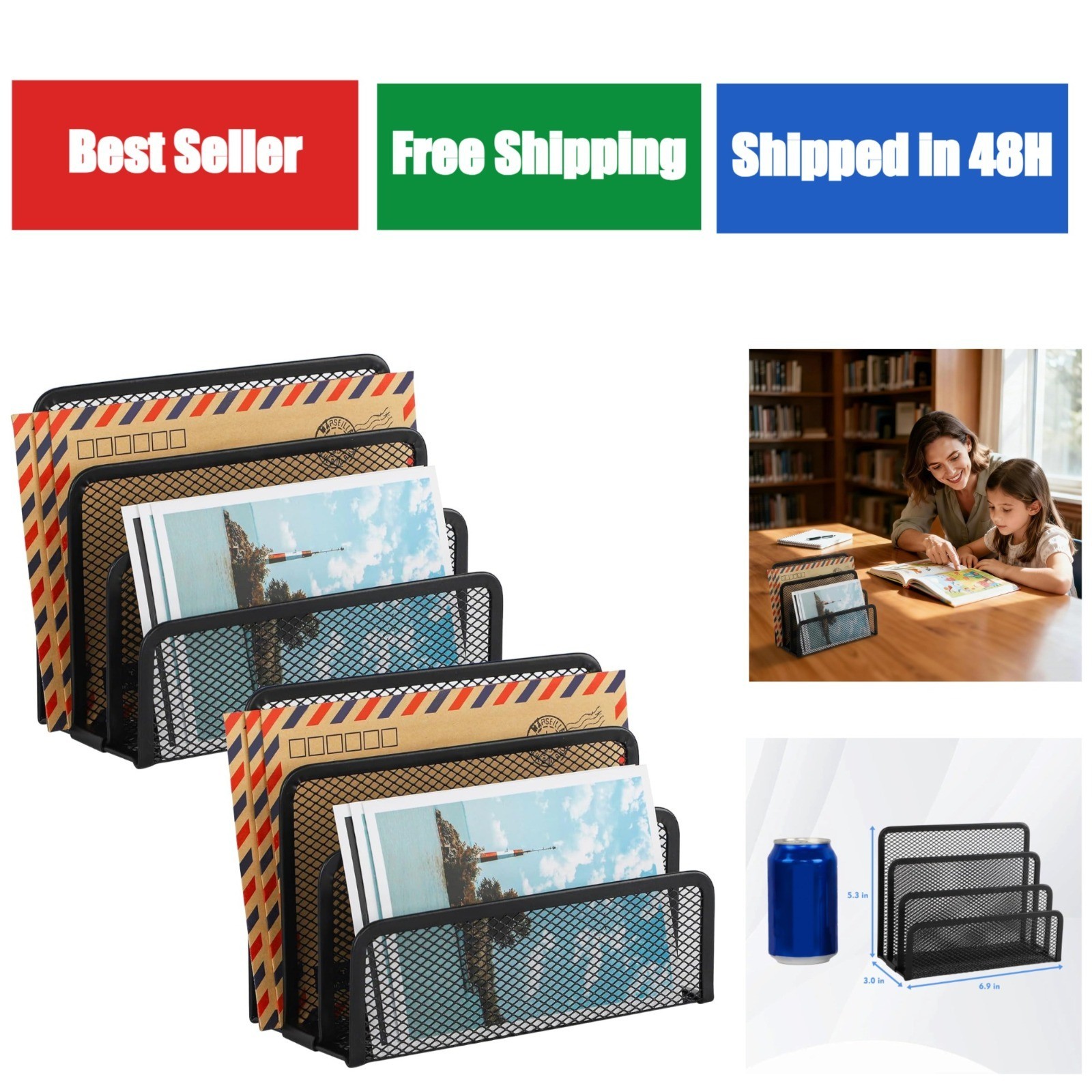 EASEPRES Desk Mail Organizer – Metal Mesh Letter Sorter, Black 2 Pack