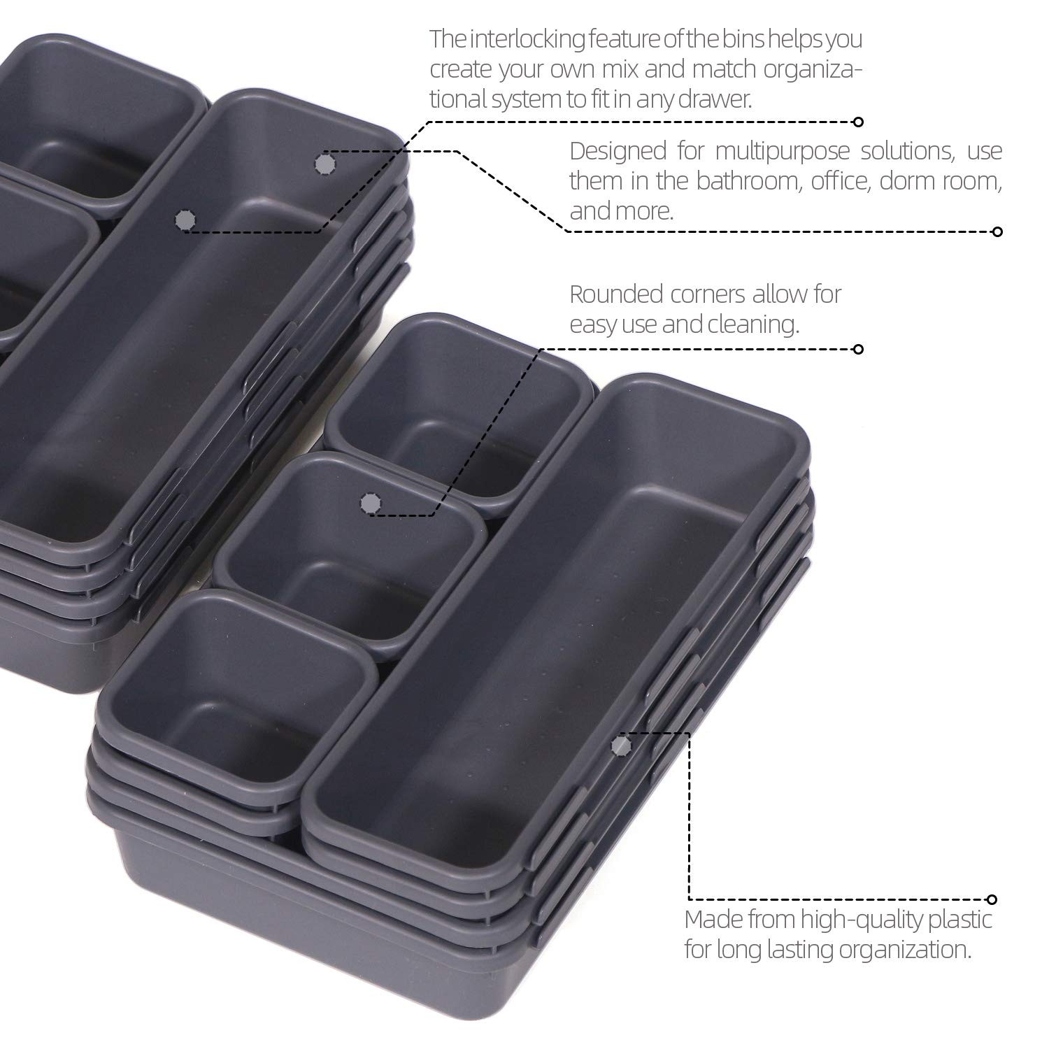 Set of 24 Interlocking Desk Drawer Organizer Tray Dividers Plastic Black