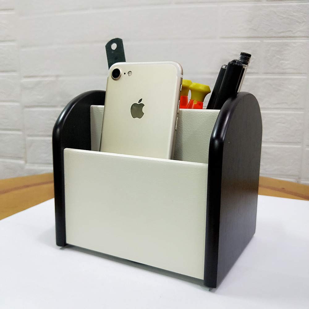 Rotating remote control caddy wood pen/pencil holder for desk organizer White