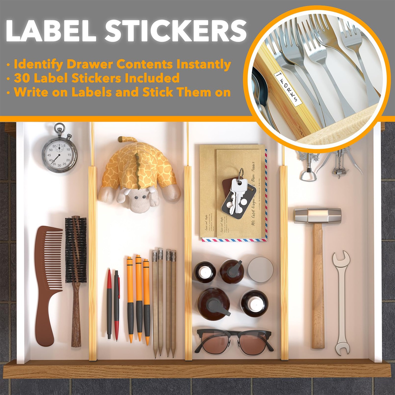 SpaceAid 4 Pack Bamboo Drawer Dividers with Labels, 17″ – 22″, NATURAL